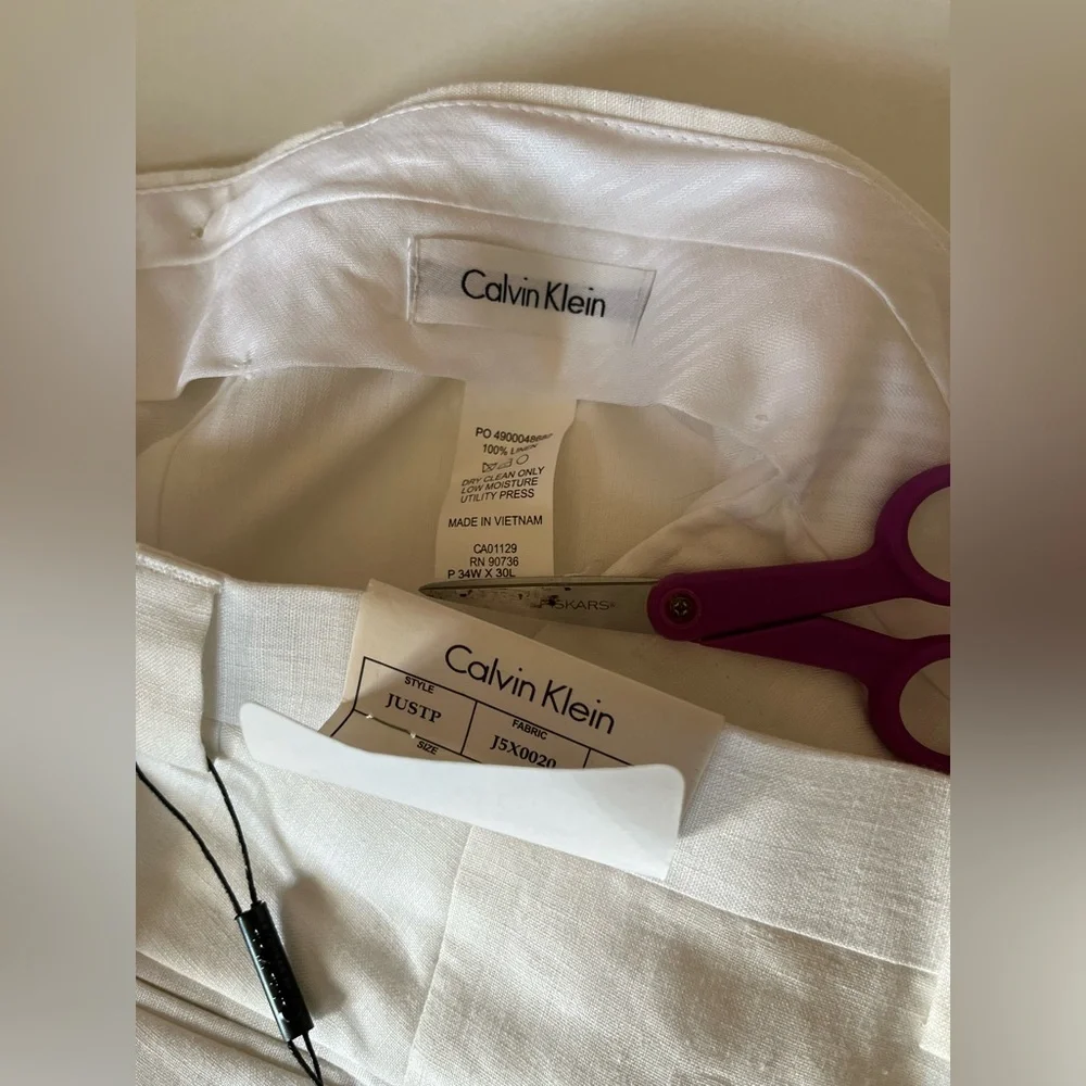 NWT Men’s Calvin Klein Flat Front White Linen Pants Trousers Size 34x30 lined